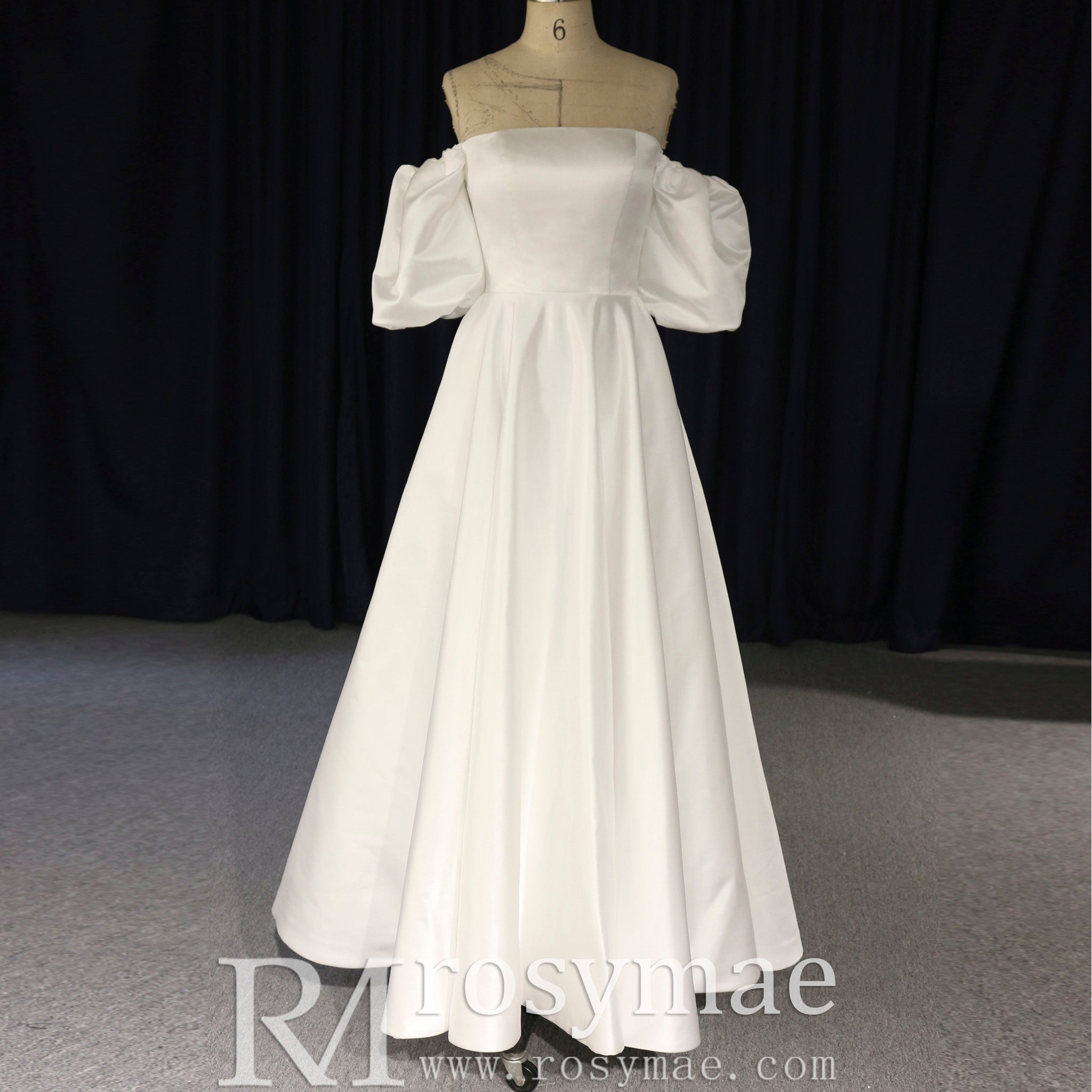 Elegant Tea Length A-line Wedding Dress with Off the Shoulder Sleeve – Rosymae Elegant Tea Length A-line Wedding Dress with Off the Shoulder Sleeve – Rosymae