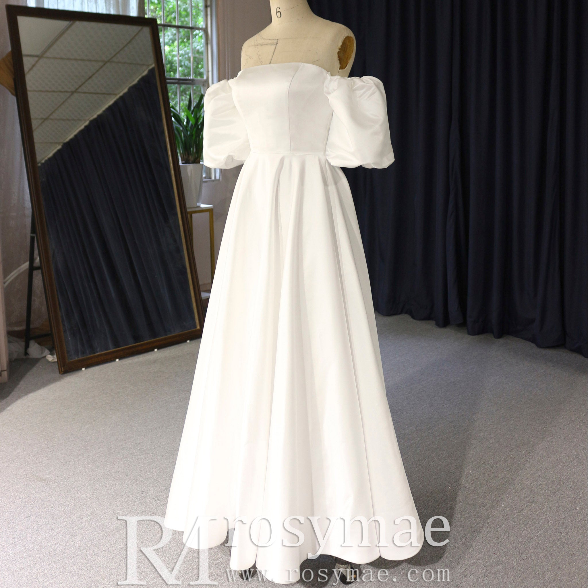 Elegant Tea Length A-line Wedding Dress with Off the Shoulder Sleeve White / 28W Elegant Tea Length A-line Wedding Dress with Off the Shoulder Sleeve White / 28W