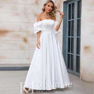 Tea Length A-line Wedding Dress with Off the Shoulder Sleeve