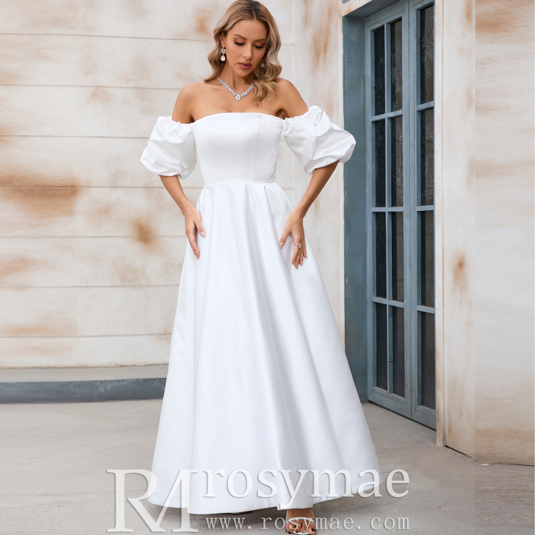 Elegant Tea Length A-line Wedding Dress with Off the Shoulder Sleeve White / 28W Elegant Tea Length A-line Wedding Dress with Off the Shoulder Sleeve White / 28W