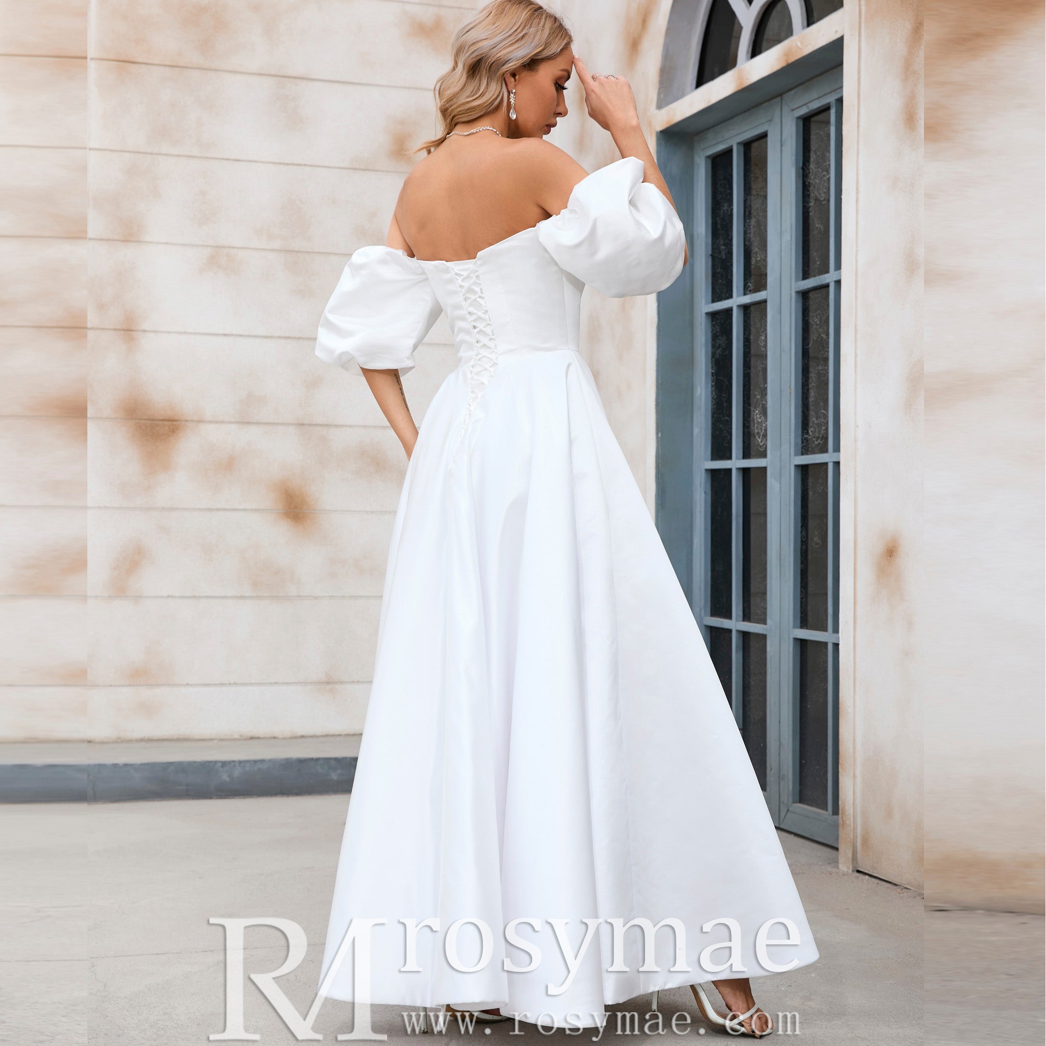 Tea Length A-line Wedding Dress with Off the Shoulder Sleeve