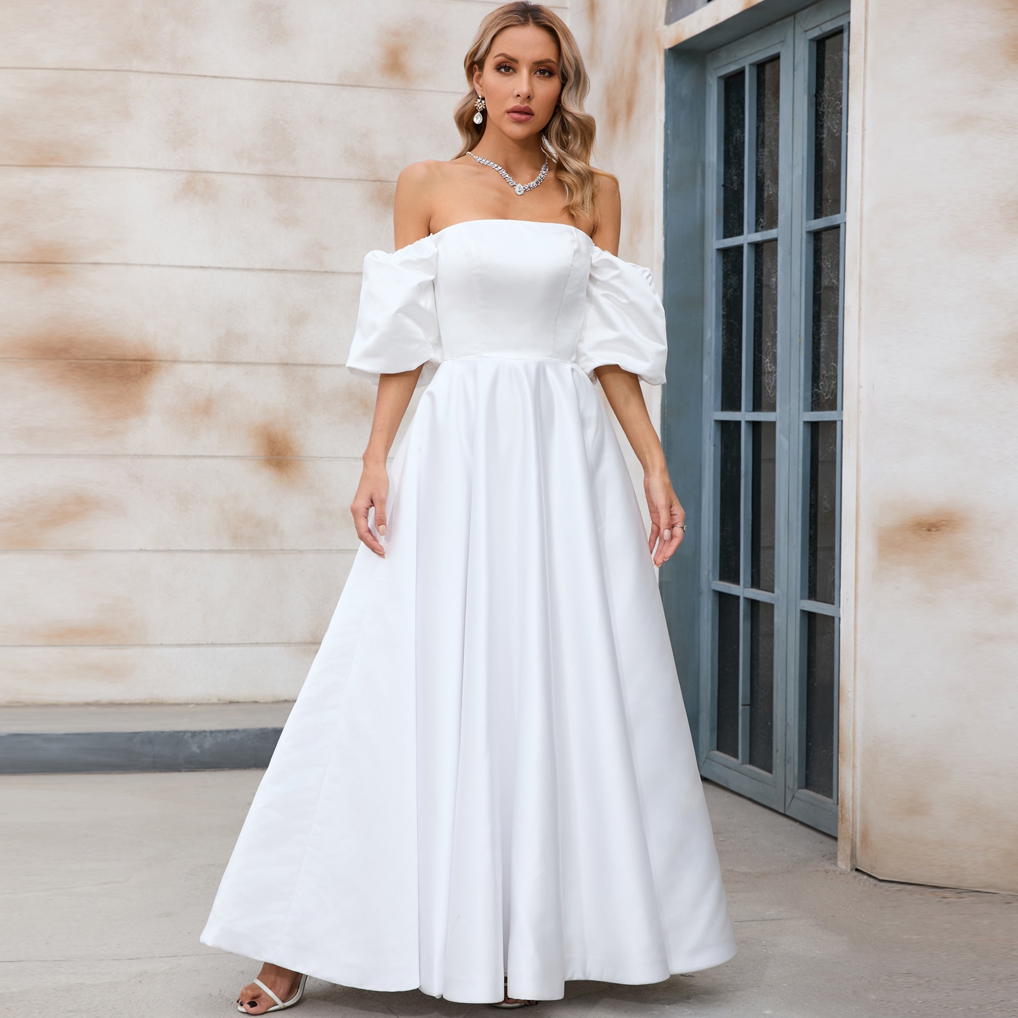 Elegant Tea Length A-line Wedding Dress with Off the Shoulder Sleeve White / 28W Elegant Tea Length A-line Wedding Dress with Off the Shoulder Sleeve White / 28W