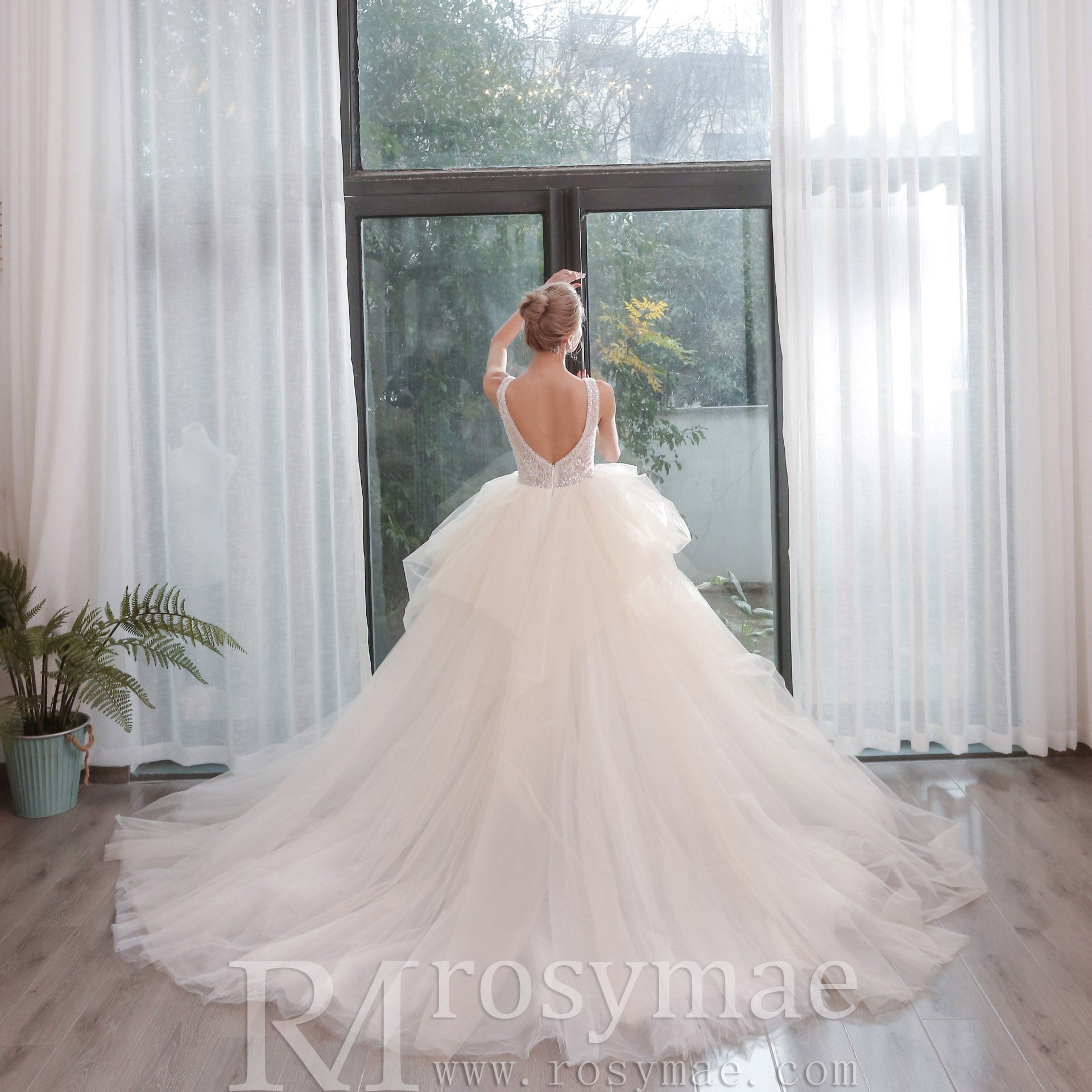 Bling Princess V Neck Wedding Dress with Tank Straps Ivory / 20W Bling Princess V Neck Wedding Dress with Tank Straps Ivory / 20W