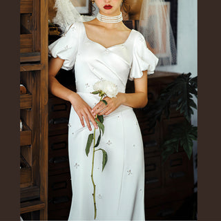Puff Short Sleeve Fit Flare Satin Queen-ann Wedding Dress Bridal Gown