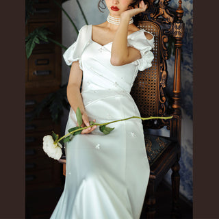Puff Short Sleeve Fit Flare Satin Queen-ann Wedding Dress Bridal Gown