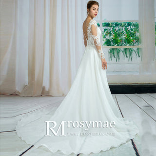 Sheer Long Sleeve V-neck & Back Bridal Gown Wedding Dress