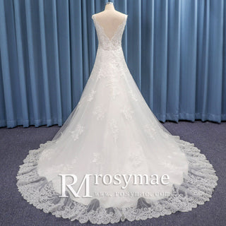 Double V Scallop Lace Ball Gown Bridal Wedding Dress Long Train