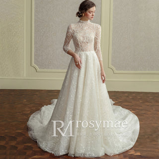 Elegant Sparkly High Neck Wedding Dress with Sheer Bodice