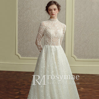 Elegant Sparkly High Neck Wedding Dress with Sheer Bodice