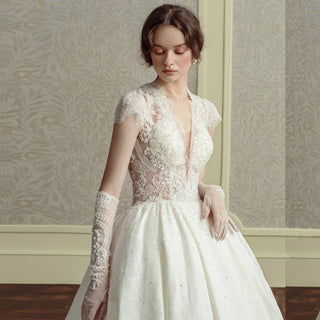 Keyhole Plunging Neckline Wedding Dress with Capped Sleeves