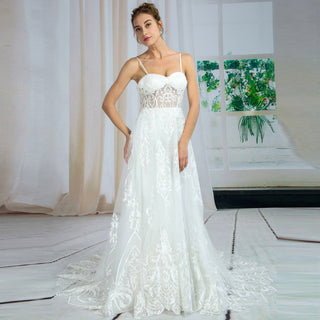 Floral Lace Sheer Bodice Sheath Wedding Dresses with Spaghetti Straps