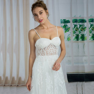 Floral Lace Sheer Bodice Sheath Wedding Dresses with Spaghetti Straps