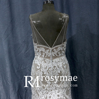 Deep V Neck Sexy Spaghetti Straps Backless Lace Mermaid Wedding Dress