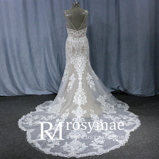 Deep V Neck Sexy Spaghetti Straps Backless Lace Mermaid Wedding Dress
