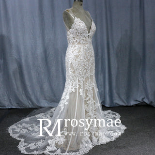 Deep V Neck Sexy Spaghetti Straps Backless Lace Mermaid Wedding Dress
