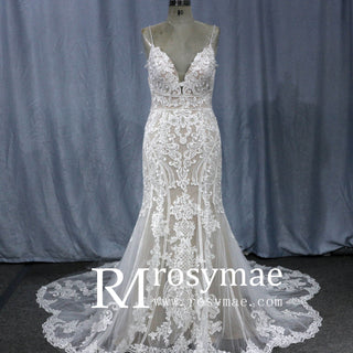 Deep V Neck Sexy Spaghetti Straps Backless Lace Mermaid Wedding Dress