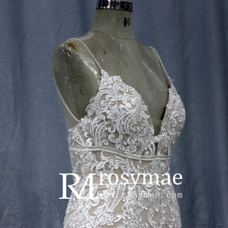 Deep V Neck Sexy Spaghetti Straps Backless Lace Mermaid Wedding Dress