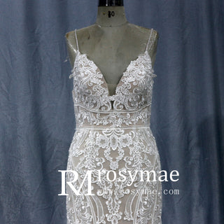 Deep V Neck Sexy Spaghetti Straps Backless Lace Mermaid Wedding Dress