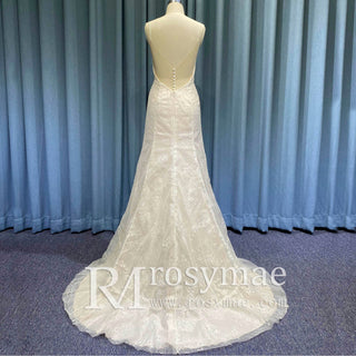 Spaghetti Strap Vintage Lace Fit and Flare Wedding Dress Low Back