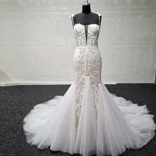 Spaghetti Straps Ruched Multi Tulle Trumpet Wedding Dresses