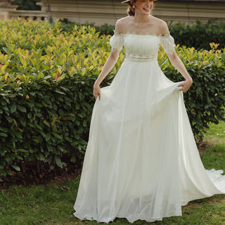 Stunning Off Shoulder Straight Neckline A Line Wedding Dress