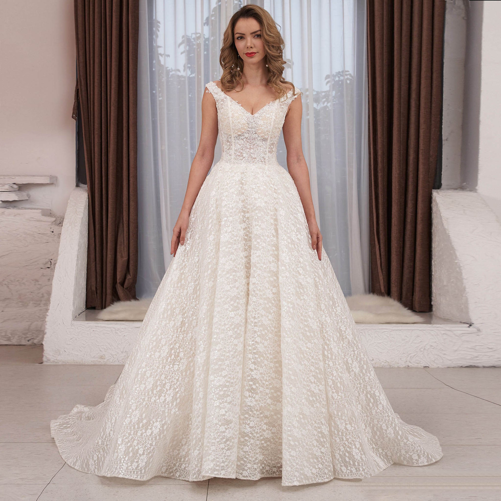 Cap Sleeve Double V A-line Lace Wedding Dress with Royal Train Champagne / 4 Cap Sleeve Double V A-line Lace Wedding Dress with Royal Train Champagne / 4