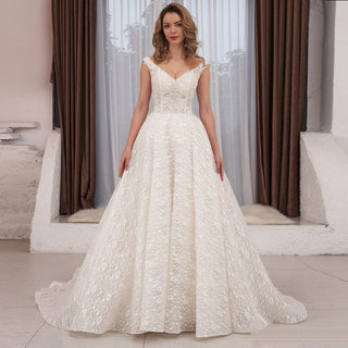 Cap Sleeve Double V A-line Lace Wedding Dress with Royal Train