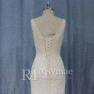 Trumpet-V-neck-Tulle-Lace-Wedding-Dresses-With-Beading