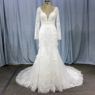 Sexy V-neck Trumpet Wedding Dress with Long Sleeves