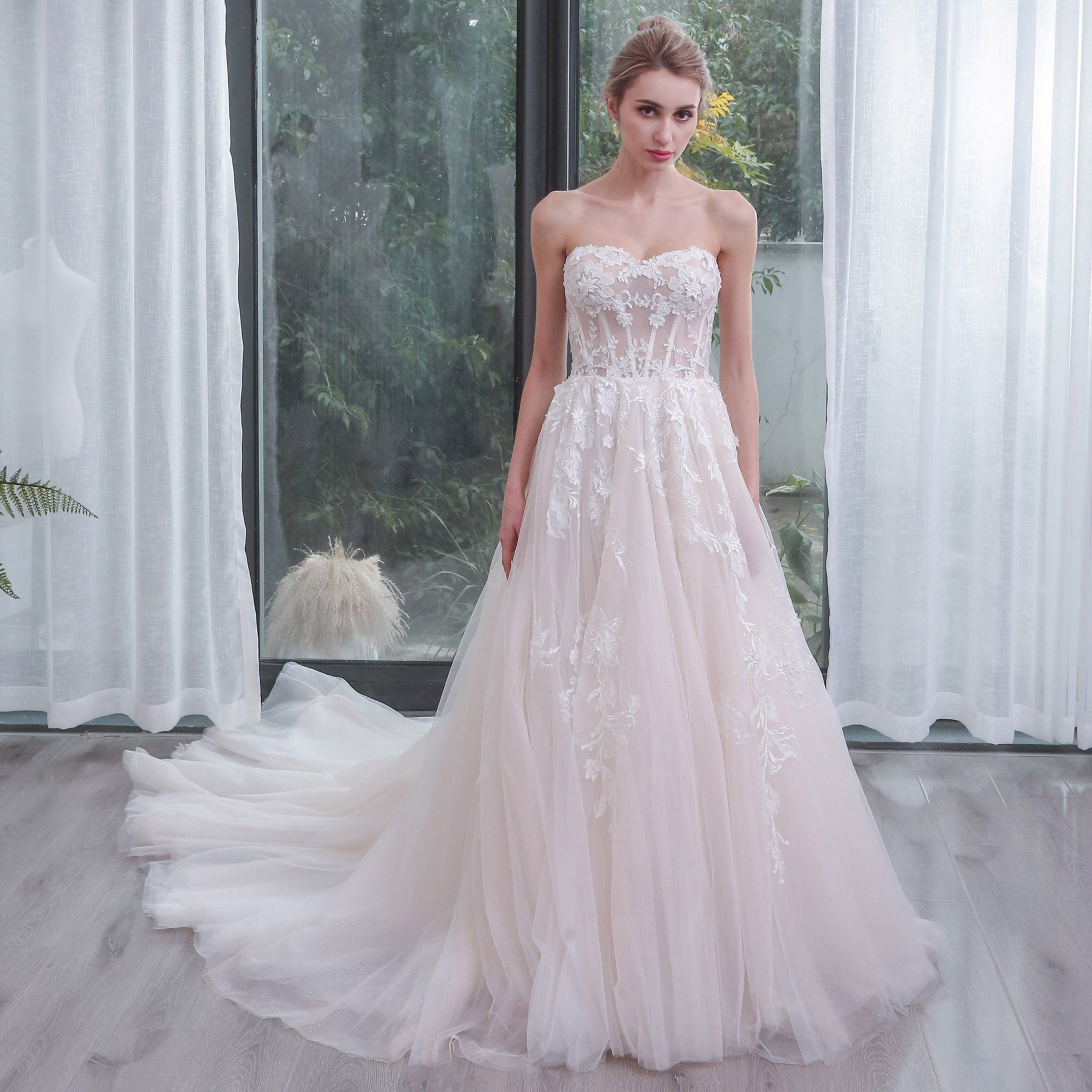 Strapless Sweetheart Neckline Princess Tulle Wedding Dress Ivory and Blush / 22W Strapless Sweetheart Neckline Princess Tulle Wedding Dress Ivory and Blush / 22W