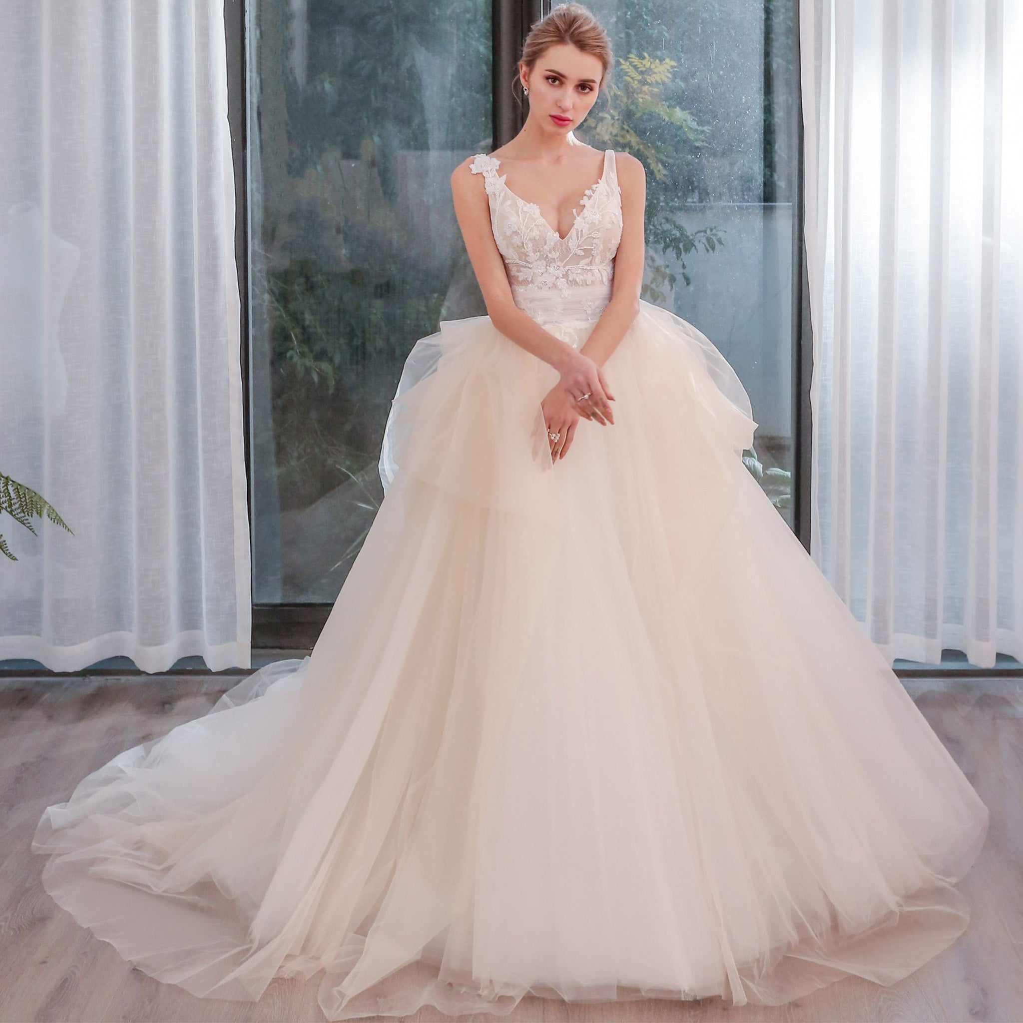 Tulle Tank V-Neck Ball Gown Wedding Dress With Layered Skirt White / 12 Tulle Tank V-Neck Ball Gown Wedding Dress With Layered Skirt White / 12