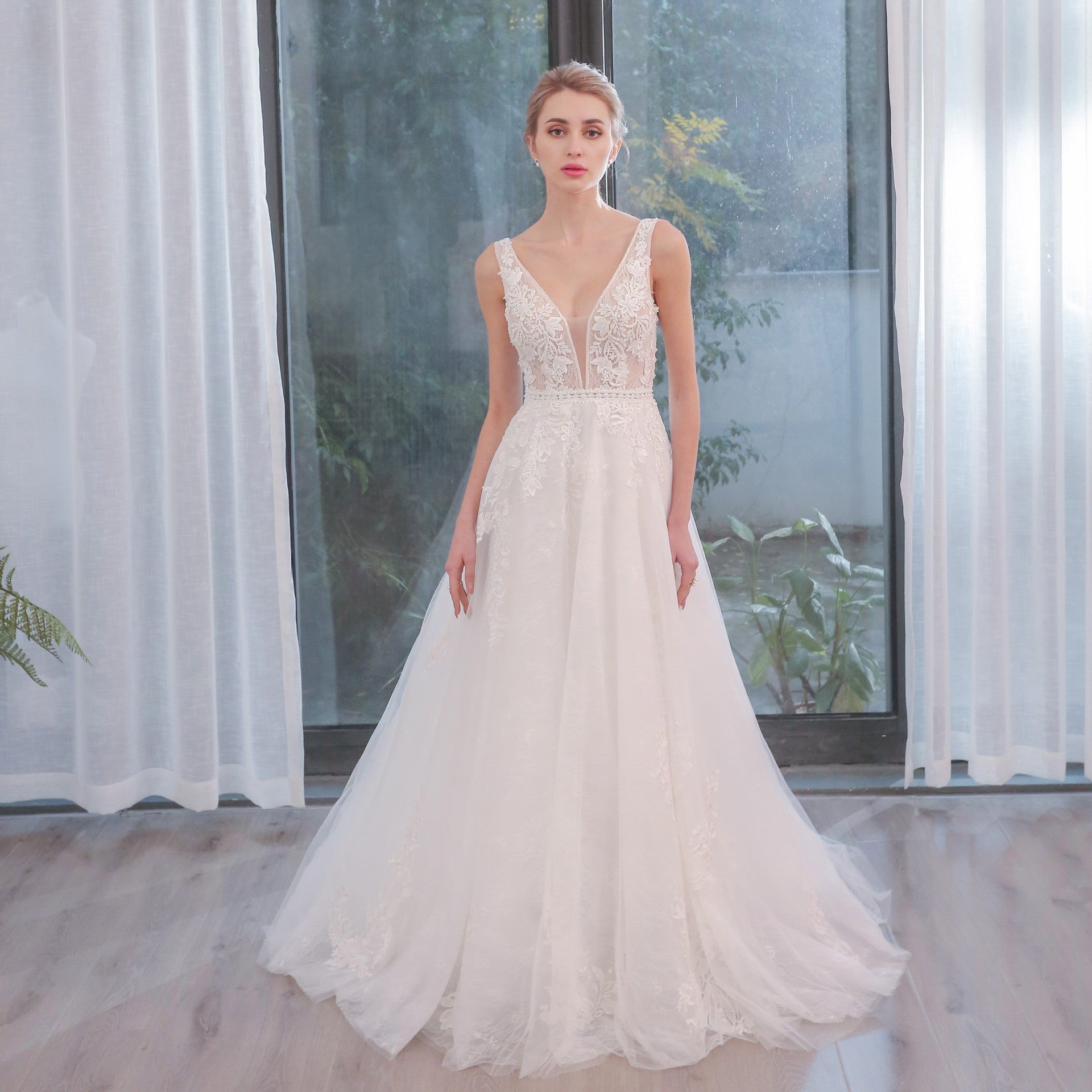 Plunging Neckline Sparkle Tulle A Line Wedding Dress with Tank Sleeve White / 6 Plunging Neckline Sparkle Tulle A Line Wedding Dress with Tank Sleeve White / 6