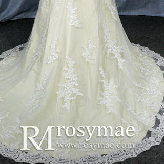 Elegant Cream Long Sleeve A Line V-Neck Lace Wedding Dresses