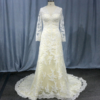 Elegant Cream Long Sleeve A Line V-Neck Lace Wedding Dresses