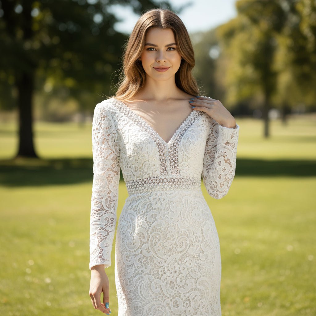 Long Sleeve Mermaid Wedding Dresses with Vintage Lace Ivory / 26W