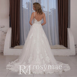 Trendy Plunging Spaghetti Straps A-line Lace Tulle Wedding Dress