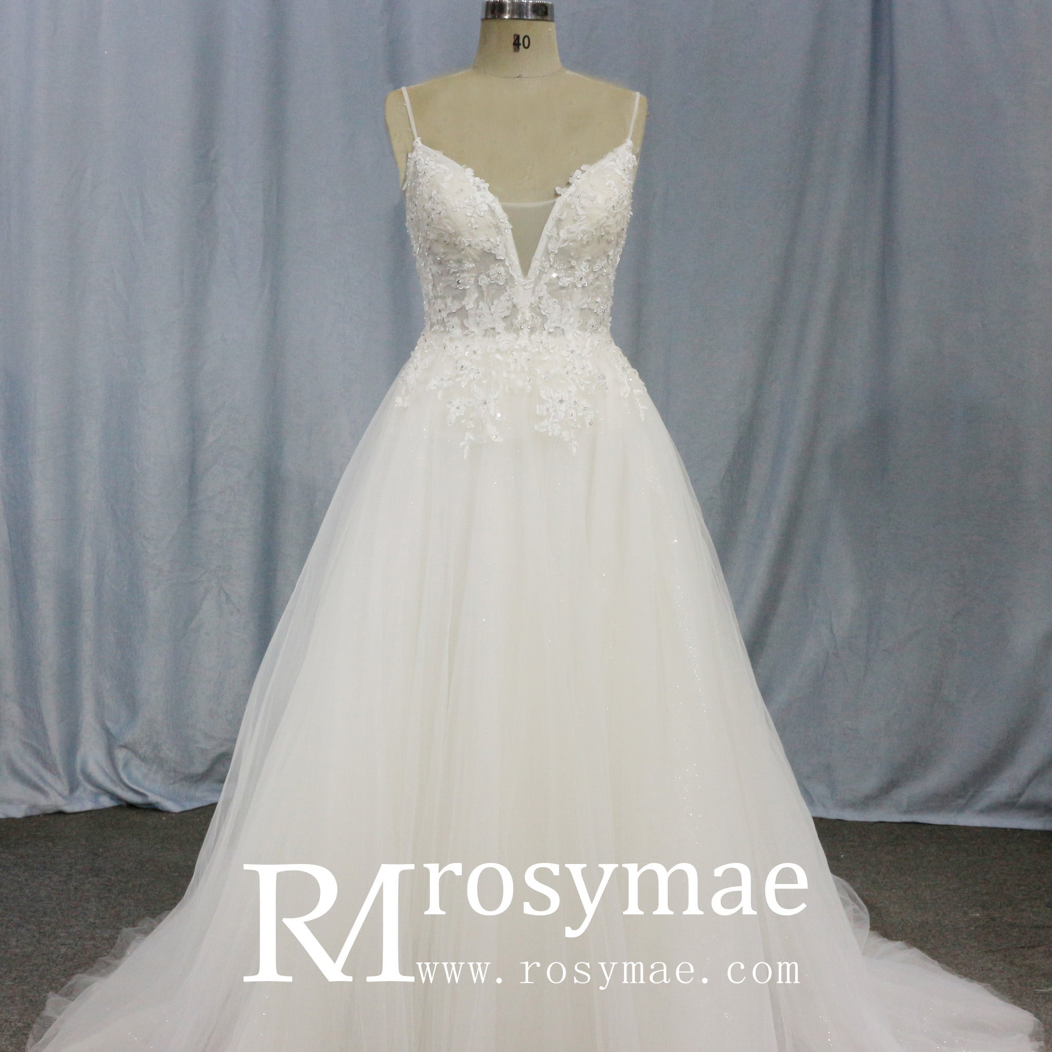 A Line Bling Tulle V Neck Wedding Dresses with Spaghetti Straps - Rosymae