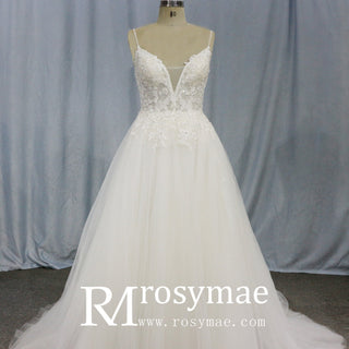 A Line Bling Tulle V Neck Wedding Dresses with Spaghetti Straps - Rosymae