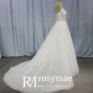 A Line Bling Tulle V Neck Wedding Dresses with Spaghetti Straps - Rosymae