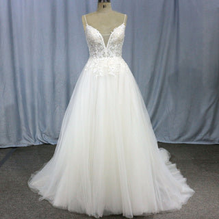 A Line Bling Tulle V Neck Wedding Dresses with Spaghetti Straps - Rosymae