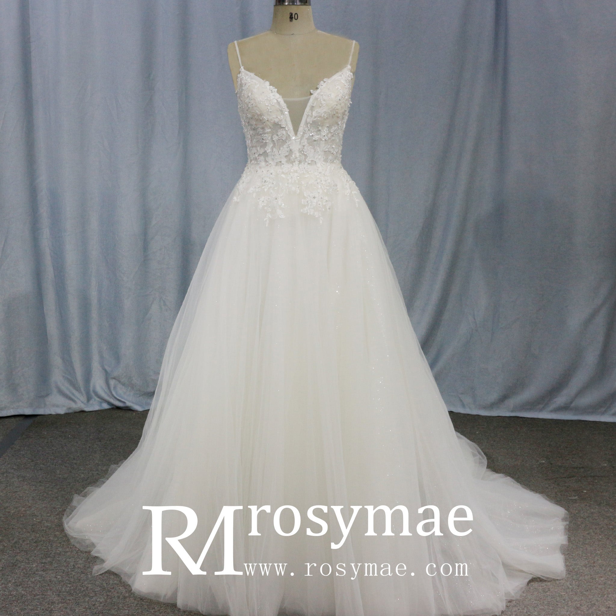 A Line Bling Tulle V Neck Wedding Dresses with Spaghetti Straps - Rosymae