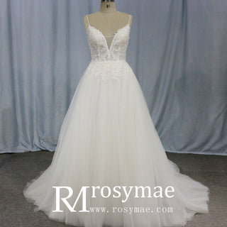 A Line Bling Tulle V Neck Wedding Dresses with Spaghetti Straps - Rosymae