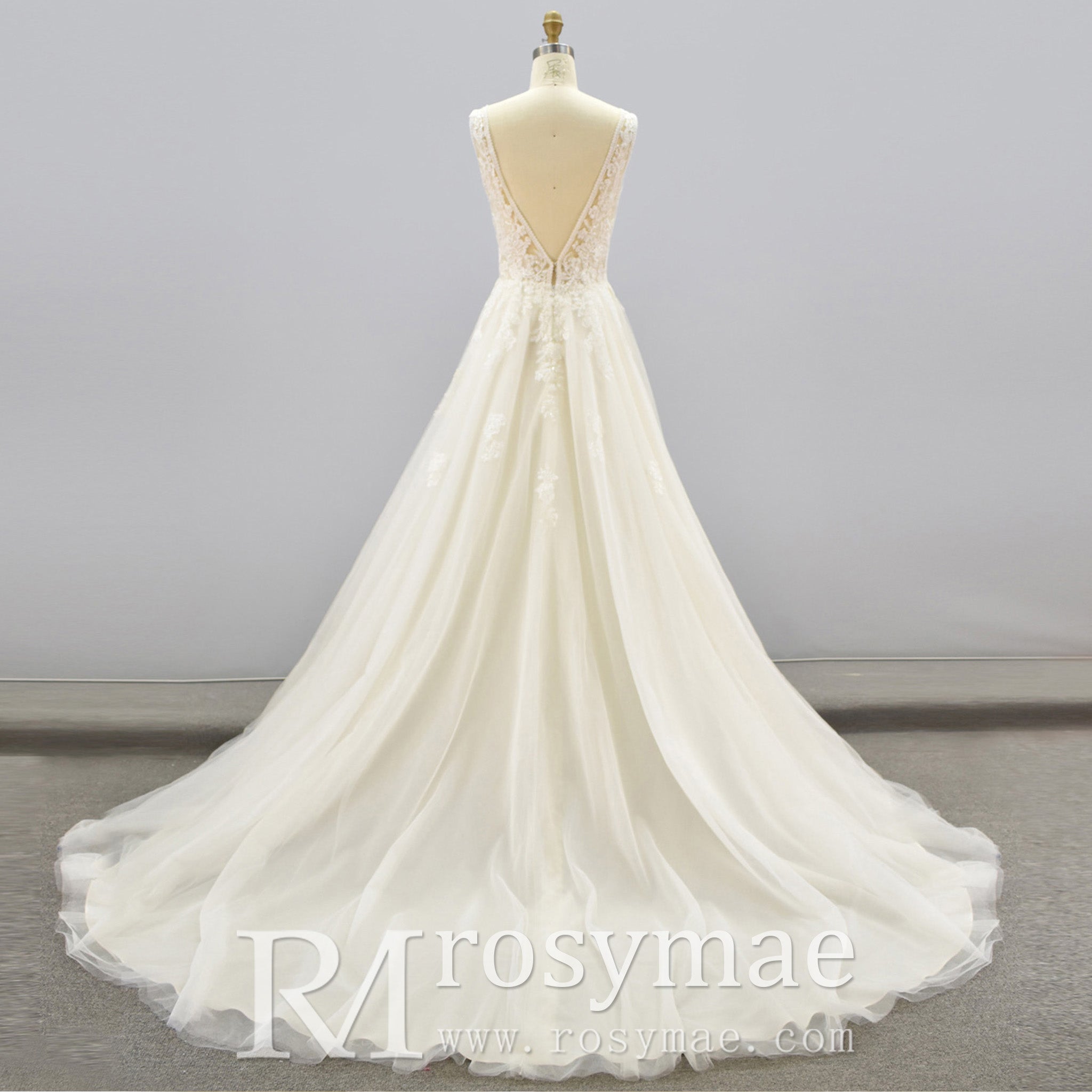 A Line Deep V-Neck Wedding Dresses with Tank Sleeve - Rosymae