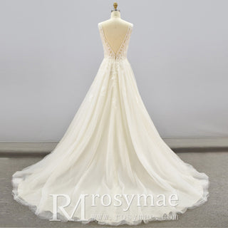 A Line Deep V-Neck Wedding Dresses with Tank Sleeve - Rosymae
