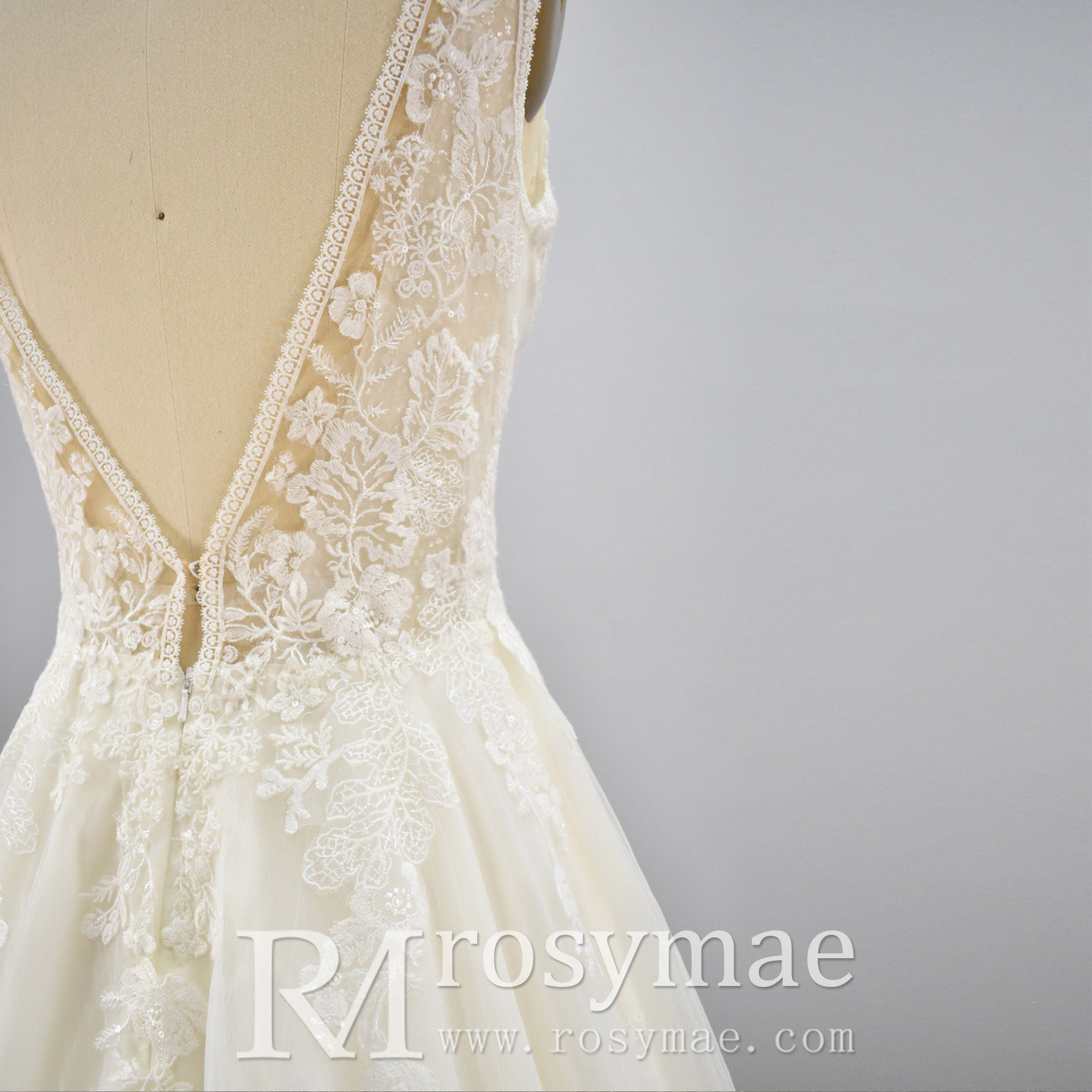 A Line Deep V-Neck Wedding Dresses with Tank Sleeve - Rosymae