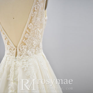 A Line Deep V-Neck Wedding Dresses with Tank Sleeve - Rosymae