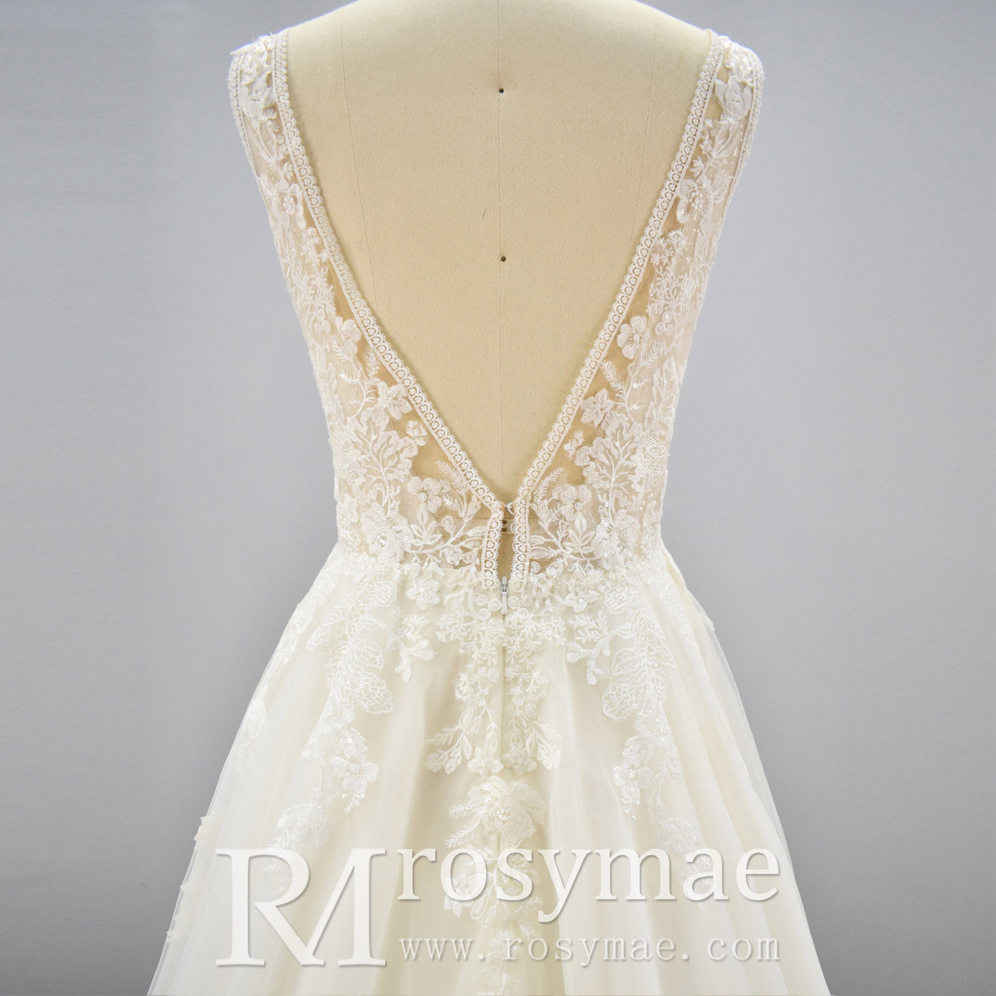 A Line Deep V-Neck Wedding Dresses with Tank Sleeve - Rosymae