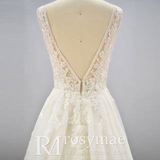 A Line Deep V-Neck Wedding Dresses with Tank Sleeve - Rosymae