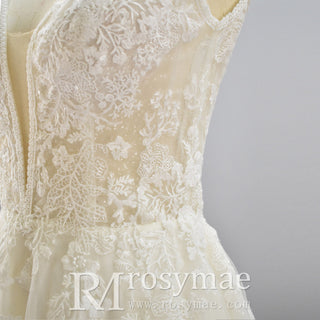 A Line Deep V-Neck Wedding Dresses with Tank Sleeve - Rosymae