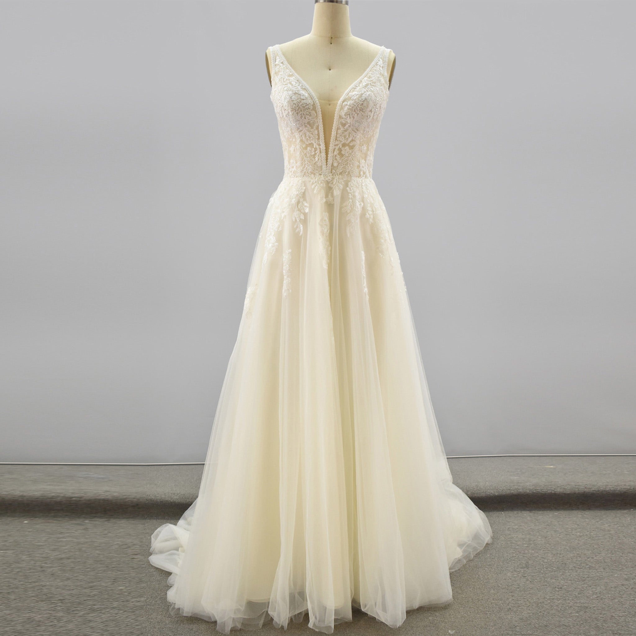 A Line Deep V-Neck Wedding Dresses with Tank Sleeve - Rosymae